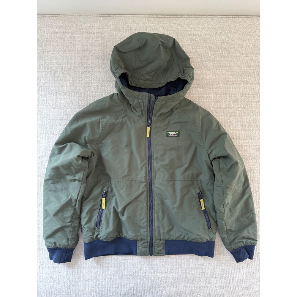 L.L.Bean Jacket 10-12 Green Bomber Hooded Coat Unisex Kids Winter Insulated Logo